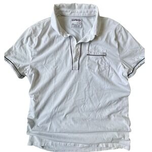 Express Mens Polo Shirt Large White Stretch‎ Wicking Contrast Trim Pocket